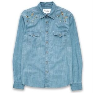 Corridor Shirt Mens XL Denim Chambray Western Floral Embroidery Pearl Snap Blue